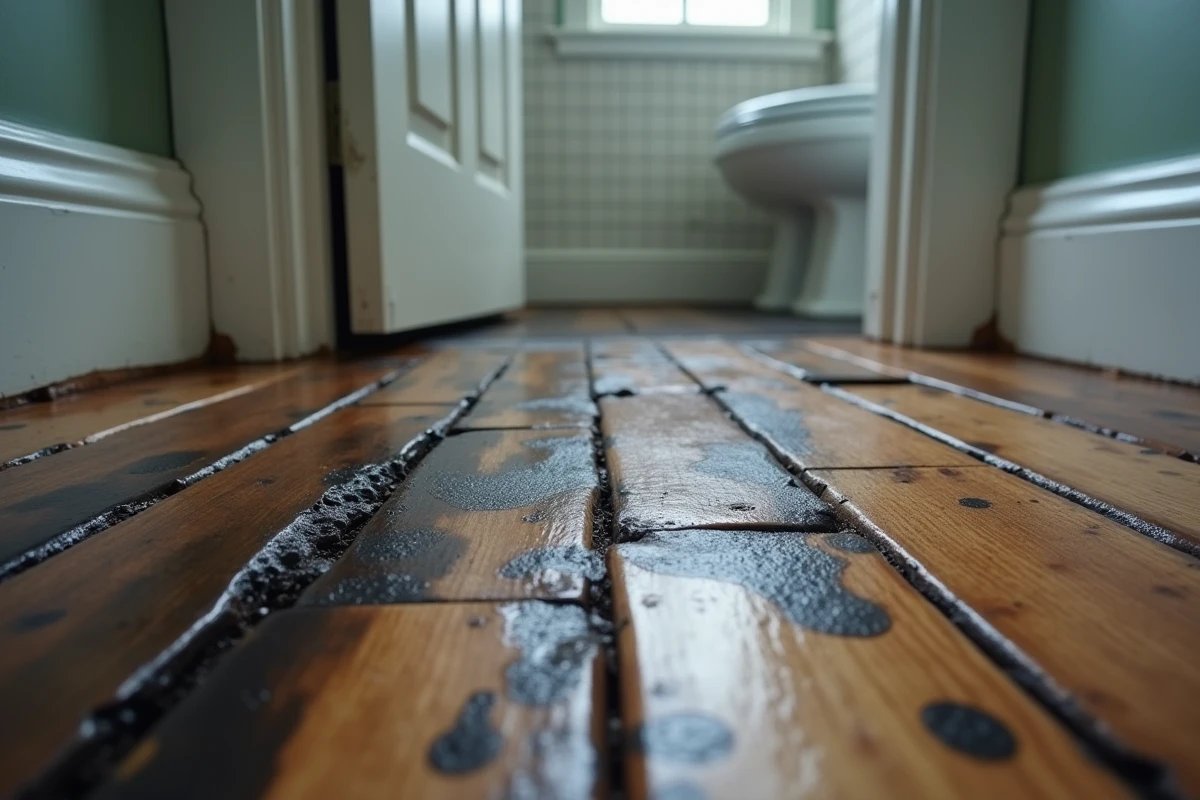 Parquet noirci et gondolé près d'un seuil de salle de bains avec traces d'humidité et bois déformé