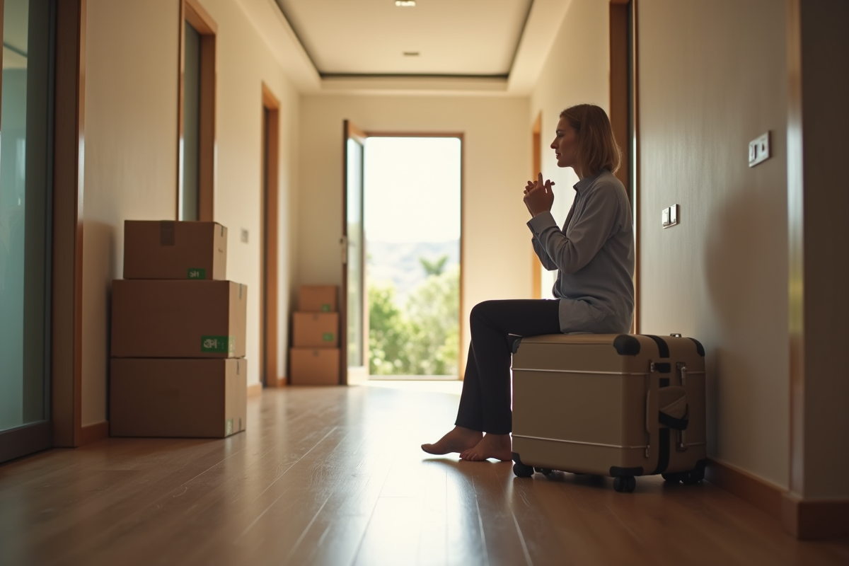 Personne seule assise sur une valise dans un couloir vide avec cartons