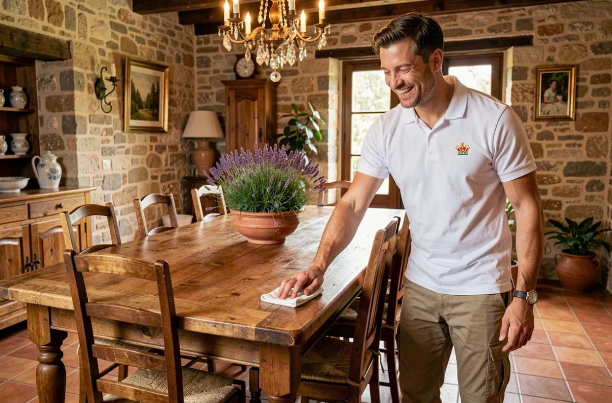 Agent de nettoyage de Petit Prince Services lustrant une table en bois dans une salle à manger élégante du Var