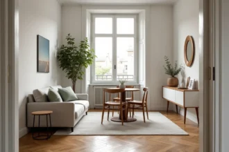 Petit salon et salle à manger combinés dans un appartement parisien avec parquet en chêne en chevrons et séparation visuelle par une console en bois