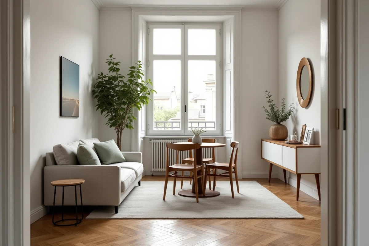 Petit salon et salle à manger combinés dans un appartement parisien avec parquet en chêne en chevrons et séparation visuelle par une console en bois