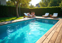 Piscine extérieure moderne dans un jardin ensoleille avec famille