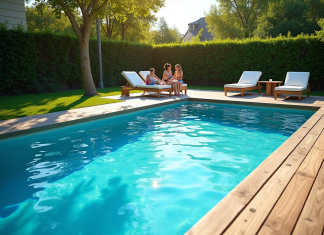 Piscine extérieure moderne dans un jardin ensoleille avec famille