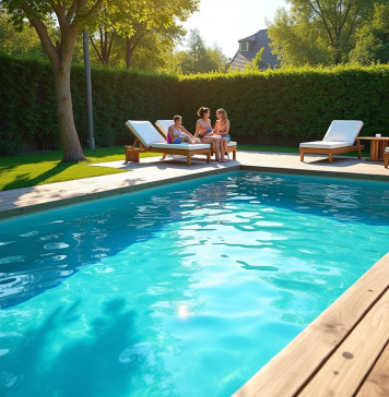 Taille idéale piscine rectangulaire : dimensions recommandées Piscine extérieure moderne dans un jardin ensoleille avec famille