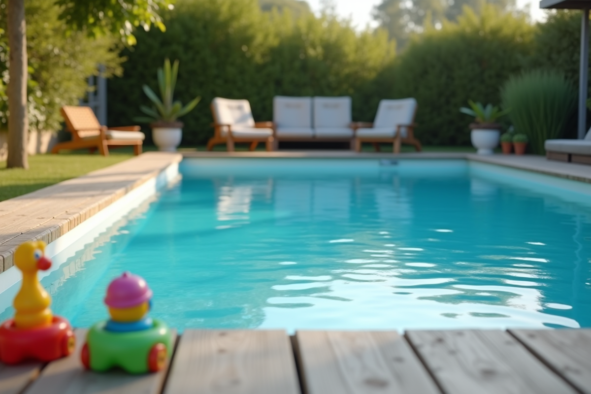 Piscine familiale avec bord en bois et jouets pour enfants