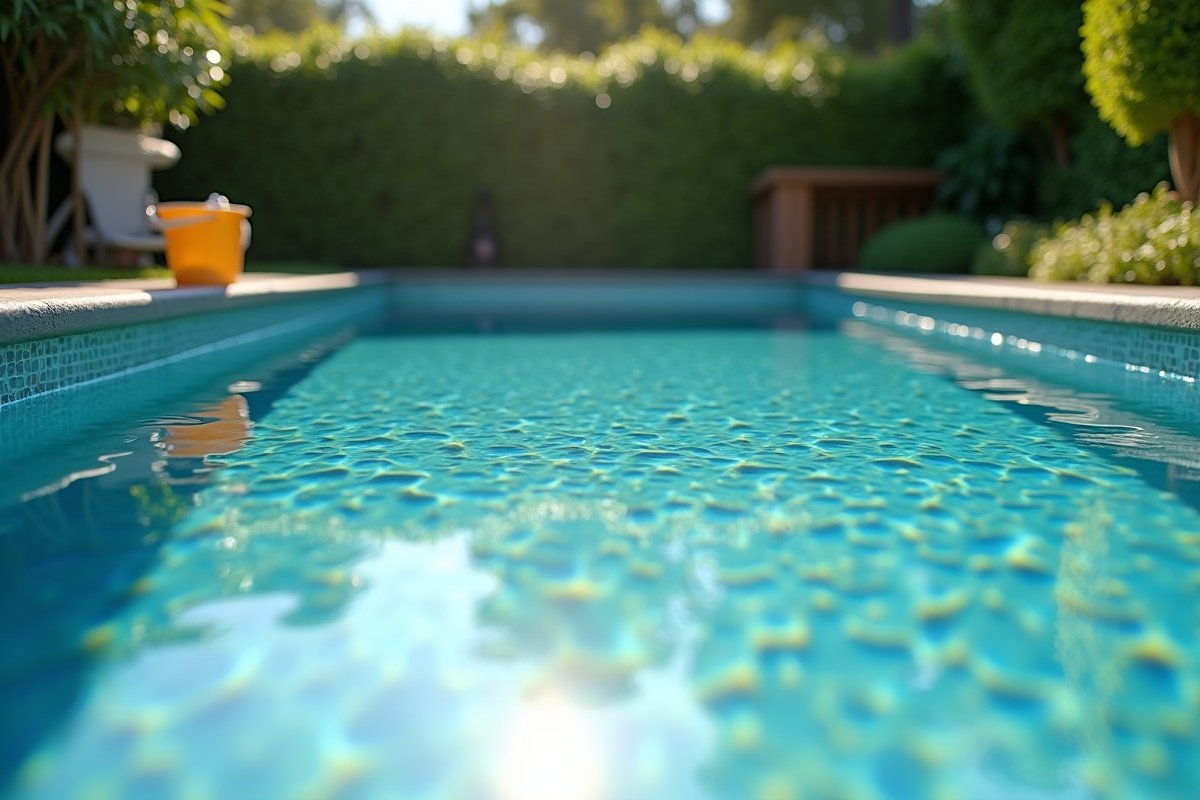 Piscine extérieure avec algues jaunes et accessoires de nettoyage