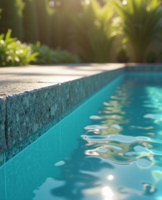 Piscine moderne avec margelle en pierre élégante et végétation