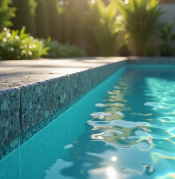 Piscine moderne avec margelle en pierre élégante et végétation