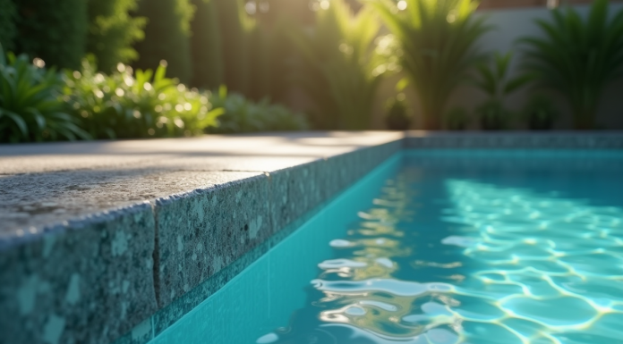 Piscine moderne avec margelle en pierre élégante et végétation