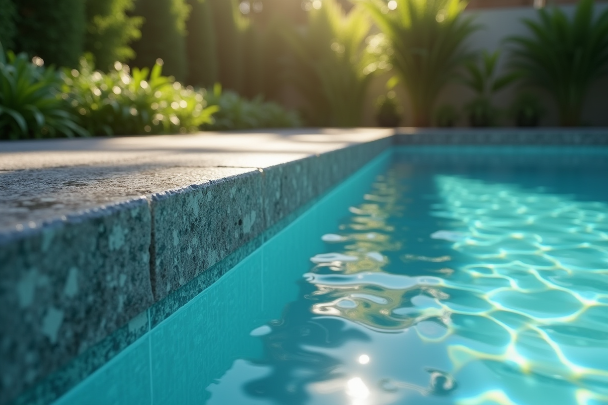 Piscine moderne avec margelle en pierre élégante et végétation