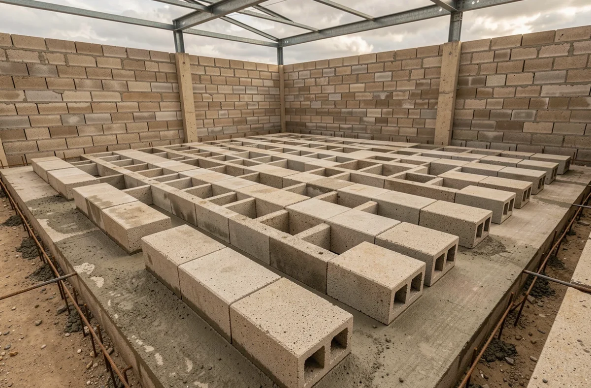Plancher hourdis avec poutrelles préfabriquées disposées dans un garage en construction