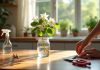 Main plaçant un jasmin sain dans un petit verre d'eau sur une table en bois