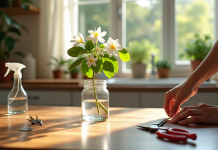 Main plaçant un jasmin sain dans un petit verre d'eau sur une table en bois