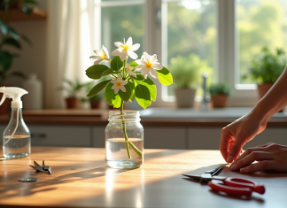 Main plaçant un jasmin sain dans un petit verre d'eau sur une table en bois