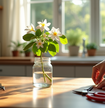 Main plaçant un jasmin sain dans un petit verre d'eau sur une table en bois
