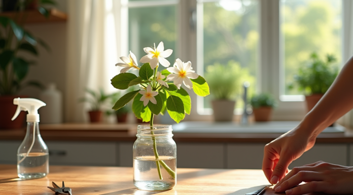 Main plaçant un jasmin sain dans un petit verre d'eau sur une table en bois