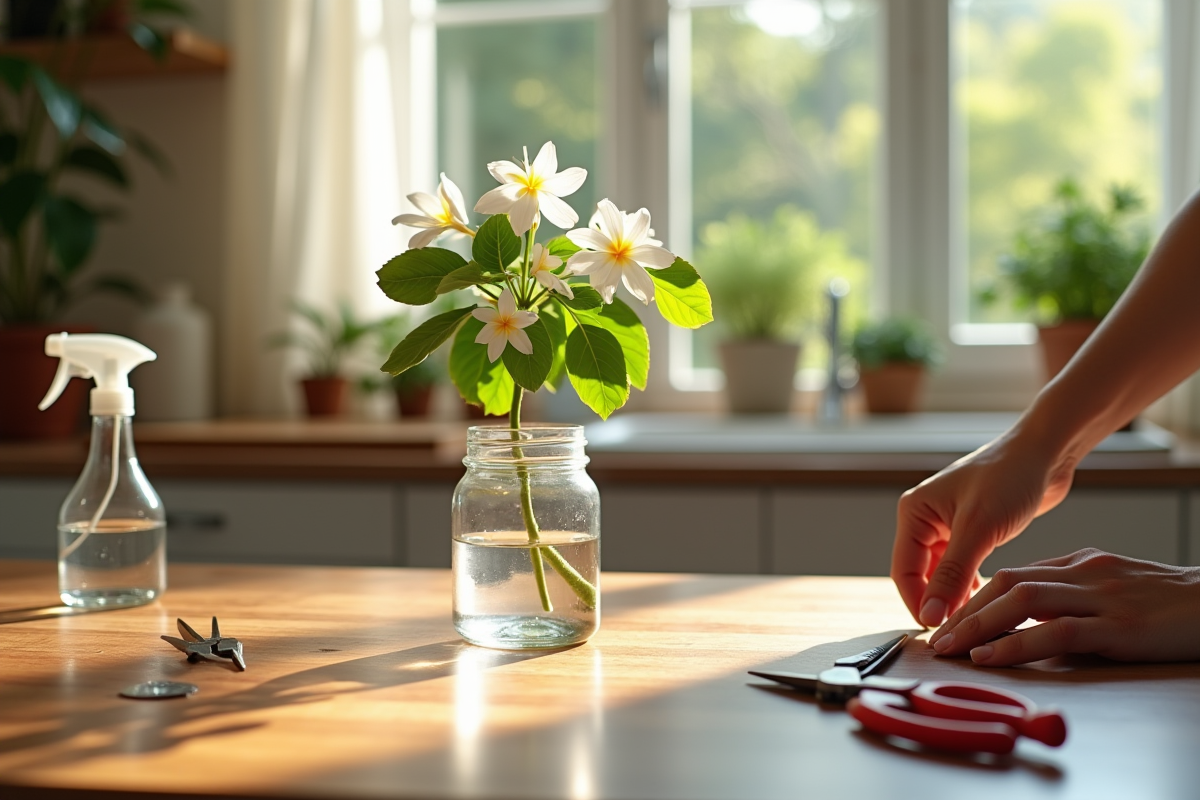 Main plaçant un jasmin sain dans un petit verre d'eau sur une table en bois