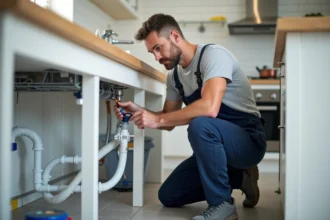 Plombier professionnel connecte un tuyau d evacuation dans une cuisine moderne
