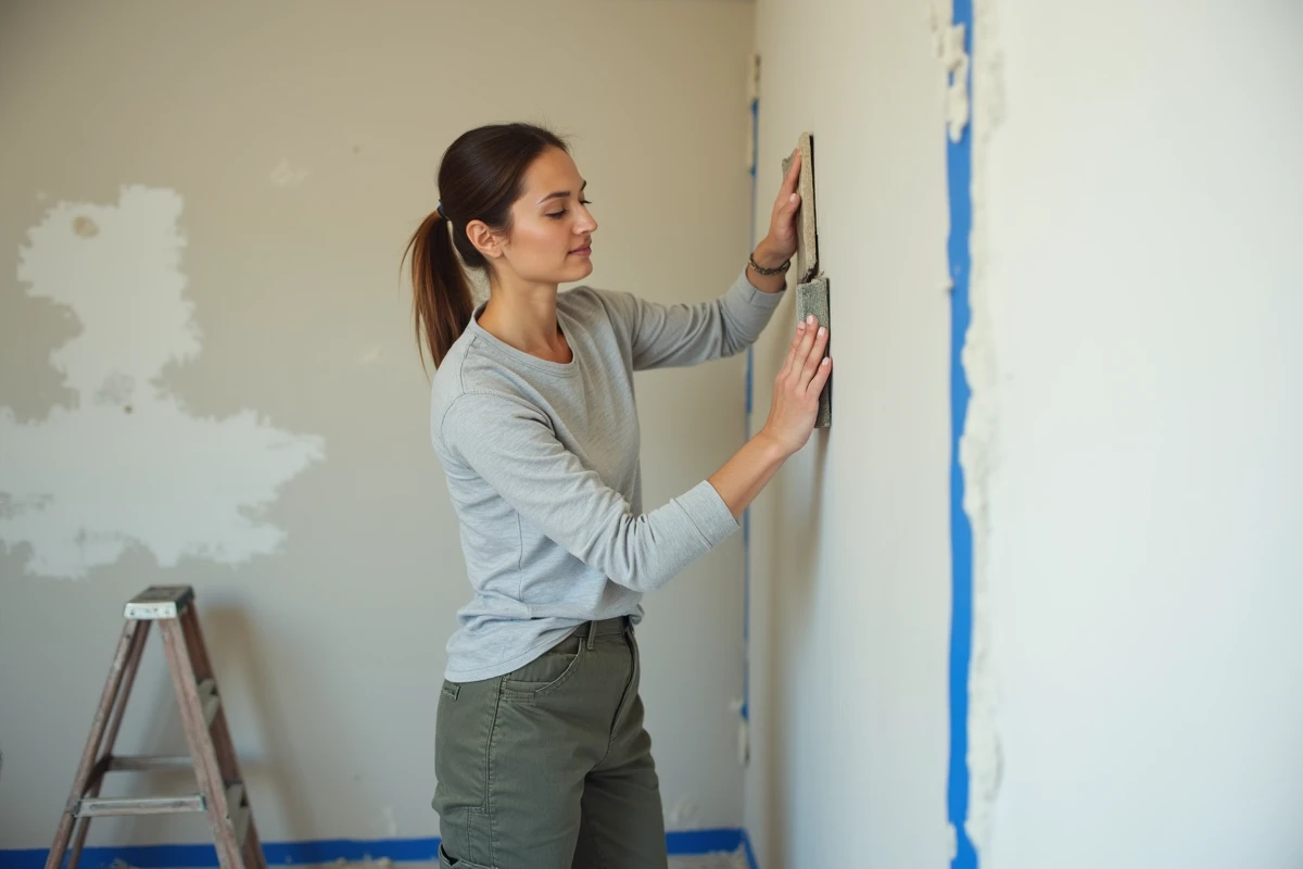 Femme ponçant un mur enduit et rebouché dans une pièce en rénovation, nuage de poussière blanche visible