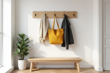 Porte-manteaux mural en bois de frêne clair avec crochets en laiton dans une entrée de style scandinave épuré