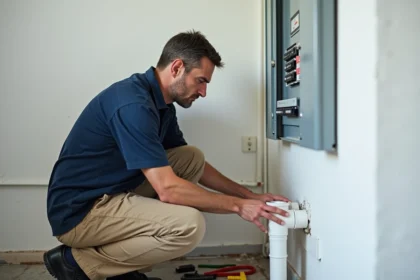 Électricien posant une goulotte PVC blanche sur un mur à côté d'un tableau électrique en saillie dans une pièce technique résidentielle