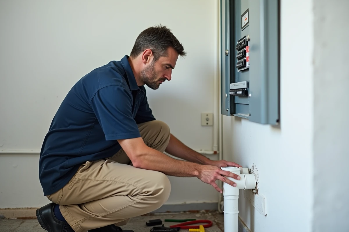 Électricien posant une goulotte PVC blanche sur un mur à côté d'un tableau électrique en saillie dans une pièce technique résidentielle
