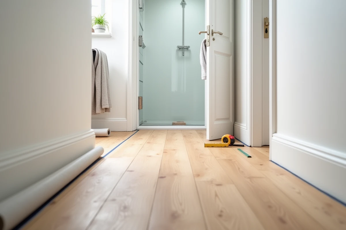 Pose d'un nouveau parquet imperméabilisé avec sous-couche humidité devant l'entrée d'une salle de bains