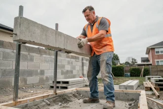 Ouvrier posant une poutrelle en béton sur un chantier d'extension de maison individuelle