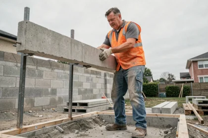 Ouvrier posant une poutrelle en béton sur un chantier d'extension de maison individuelle