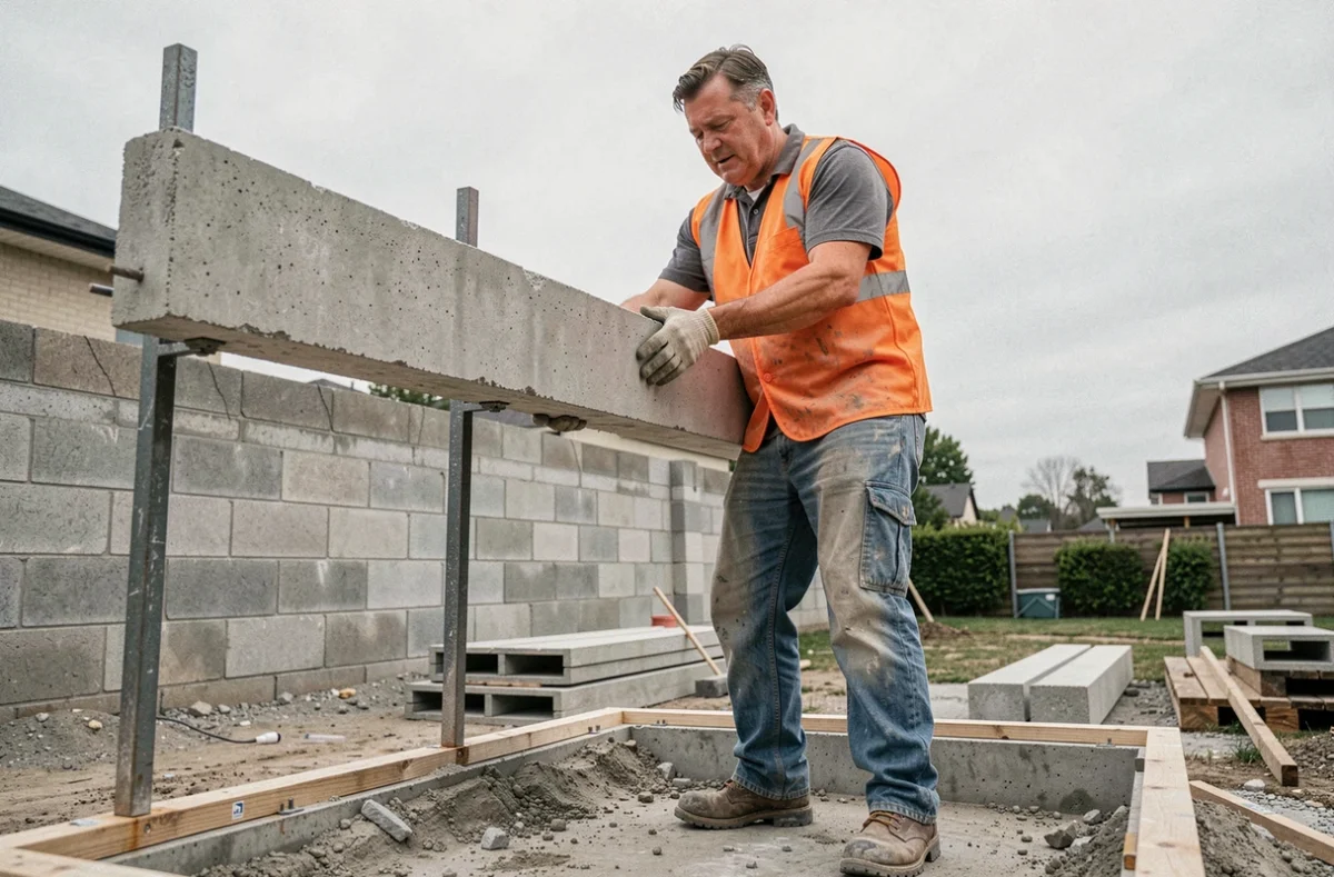 Ouvrier posant une poutrelle en béton sur un chantier d'extension de maison individuelle