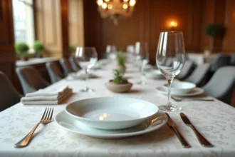 Table dressée à la française avec positionnement classique des verres eau, vin rouge et champagne sur nappe en lin blanc