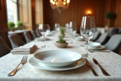 Table dressée à la française avec positionnement classique des verres eau, vin rouge et champagne sur nappe en lin blanc