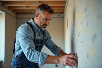 Constructeur professionnel posant une cloison en placo dans un salon en rénovation
