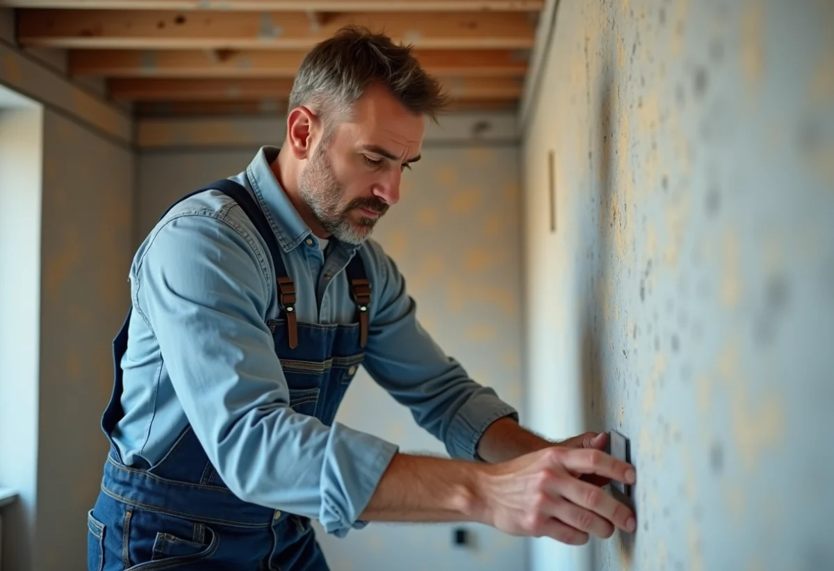 Constructeur professionnel posant une cloison en placo dans un salon en rénovation