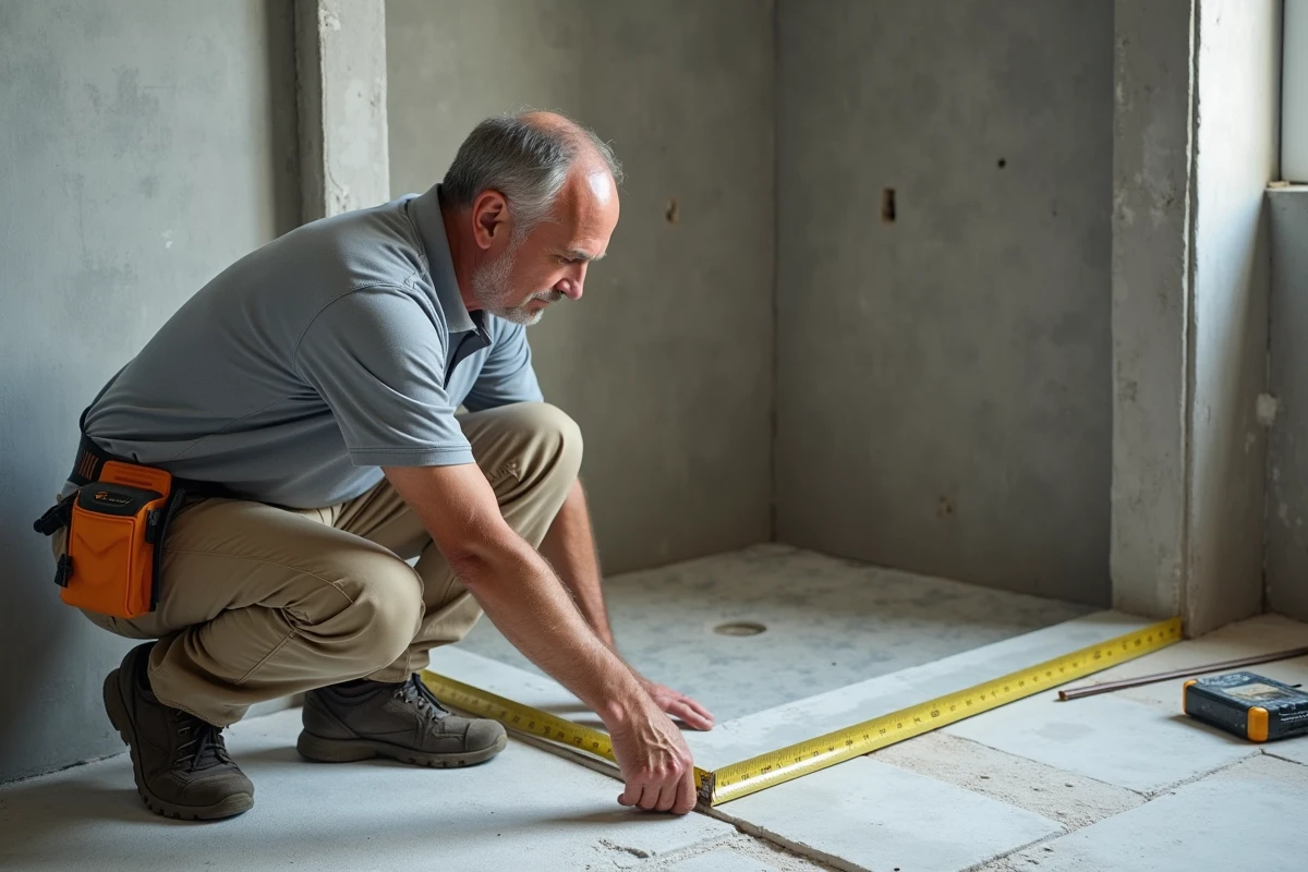 Artisan mesurant les dimensions d'une cabine de douche en construction pour vérifier la conformité aux normes réglementaires