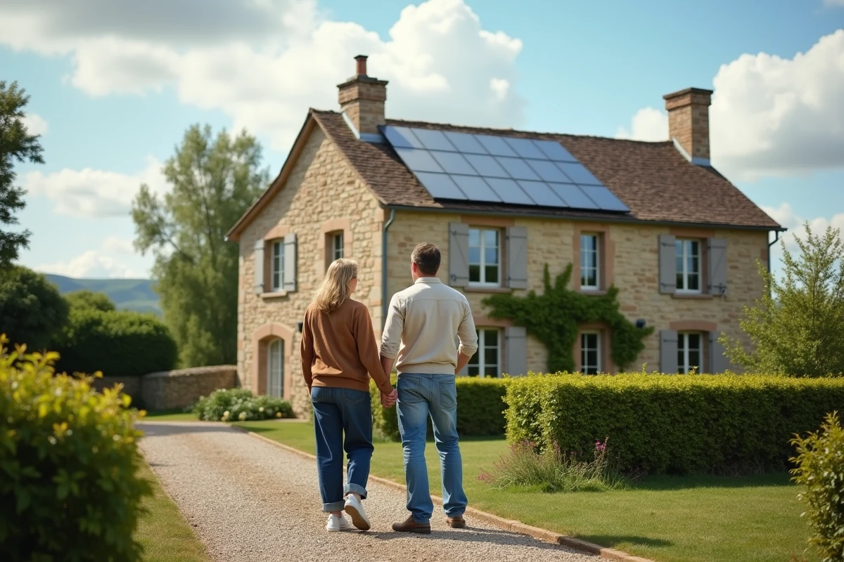 Couple de propriétaires admirant leur installation solaire photovoltaïque sur une maison de campagne en France