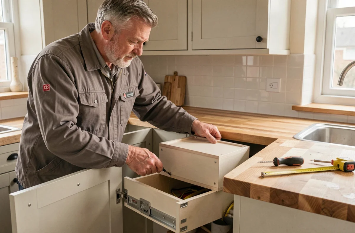 Technicien de Quali-Box Aisne installant un module de rangement sur mesure dans une cuisine résidentielle de l'Aisne