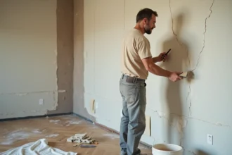 Homme appliquant de l'enduit de rebouchage sur une fissure murale avec une spatule large dans un salon en cours de rénovation