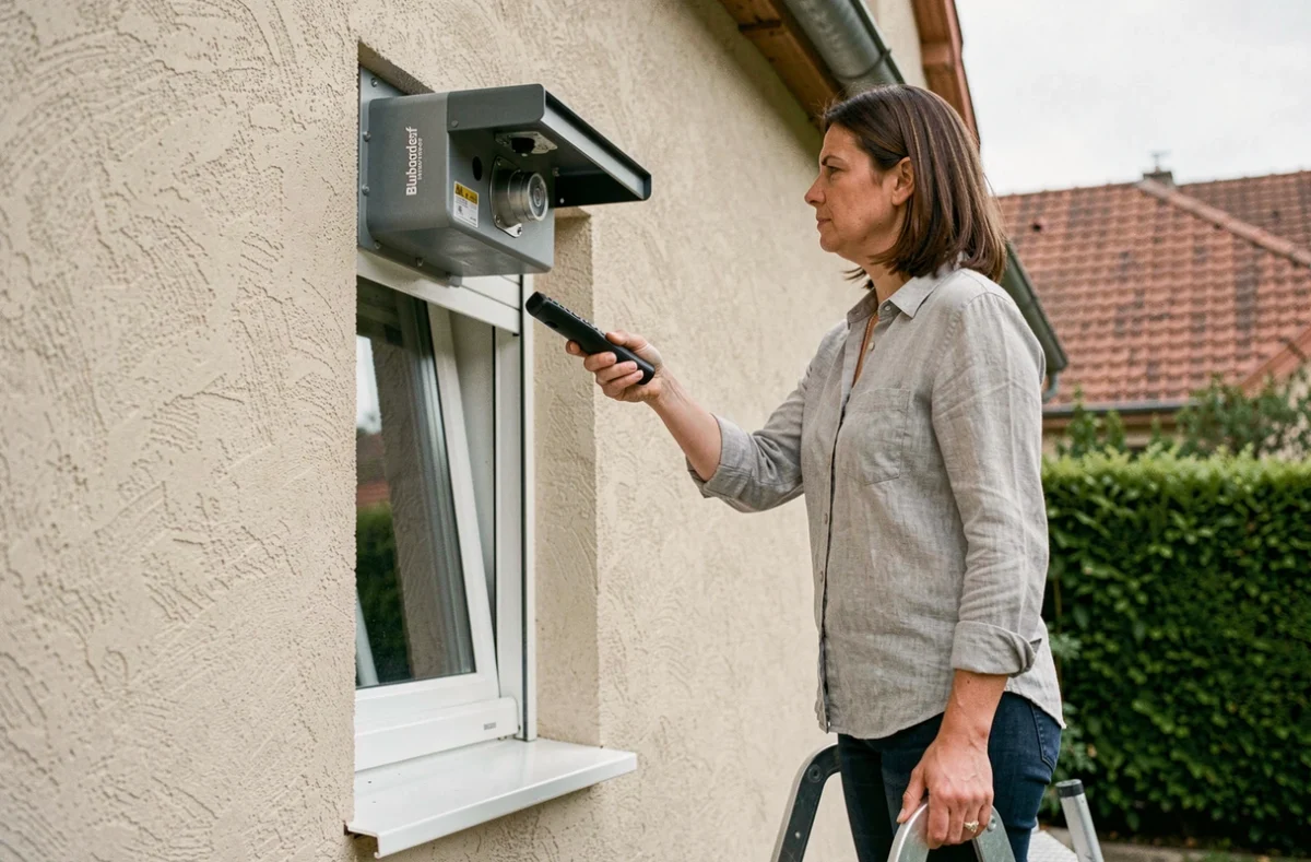 Femme utilisant une télécommande pour régler un volet roulant Bubendorff depuis l'extérieur de la maison