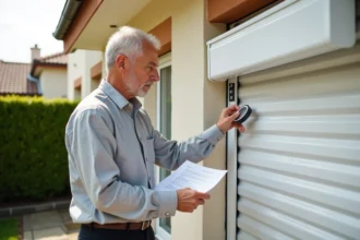 Homme réinitialisant un volet roulant solaire après une coupure de courant en appuyant sur le bouton de remise à zéro du moteur