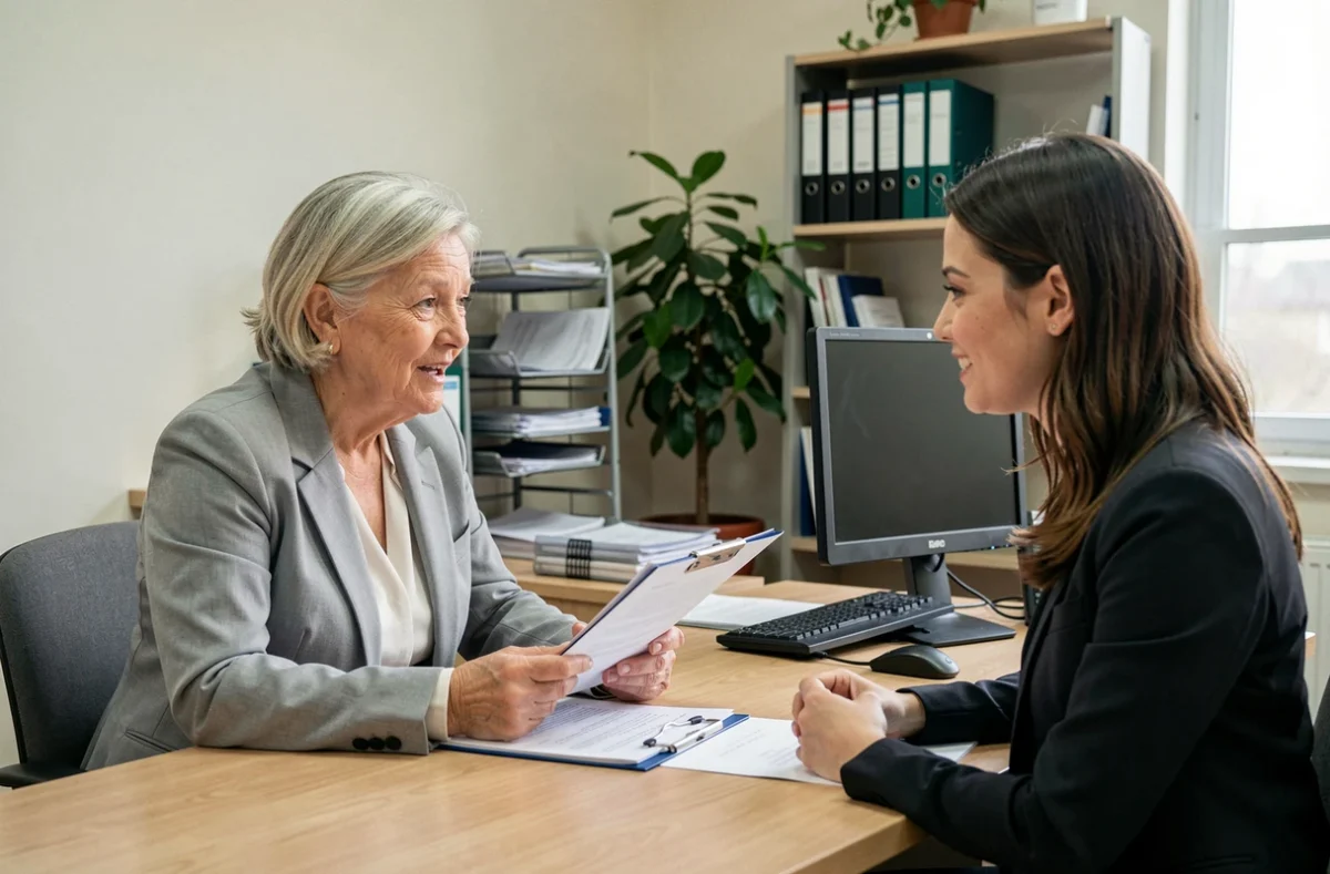 Femme retraitée en rendez-vous avec une conseillère pour obtenir des informations sur le foyer fiscal et la pension de réversion