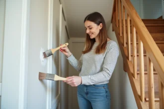 Femme appliquant de la peinture blanche sur un escalier en bois