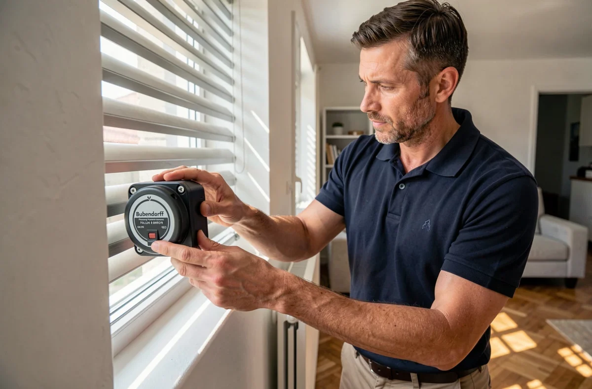 Technicien reprogrammant le moteur d'un volet roulant Bubendorff après remplacement de lames, en intérieur