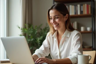 Femme réservant un séjour au Bois d'Ormes sur ordinateur portable depuis un bureau à domicile
