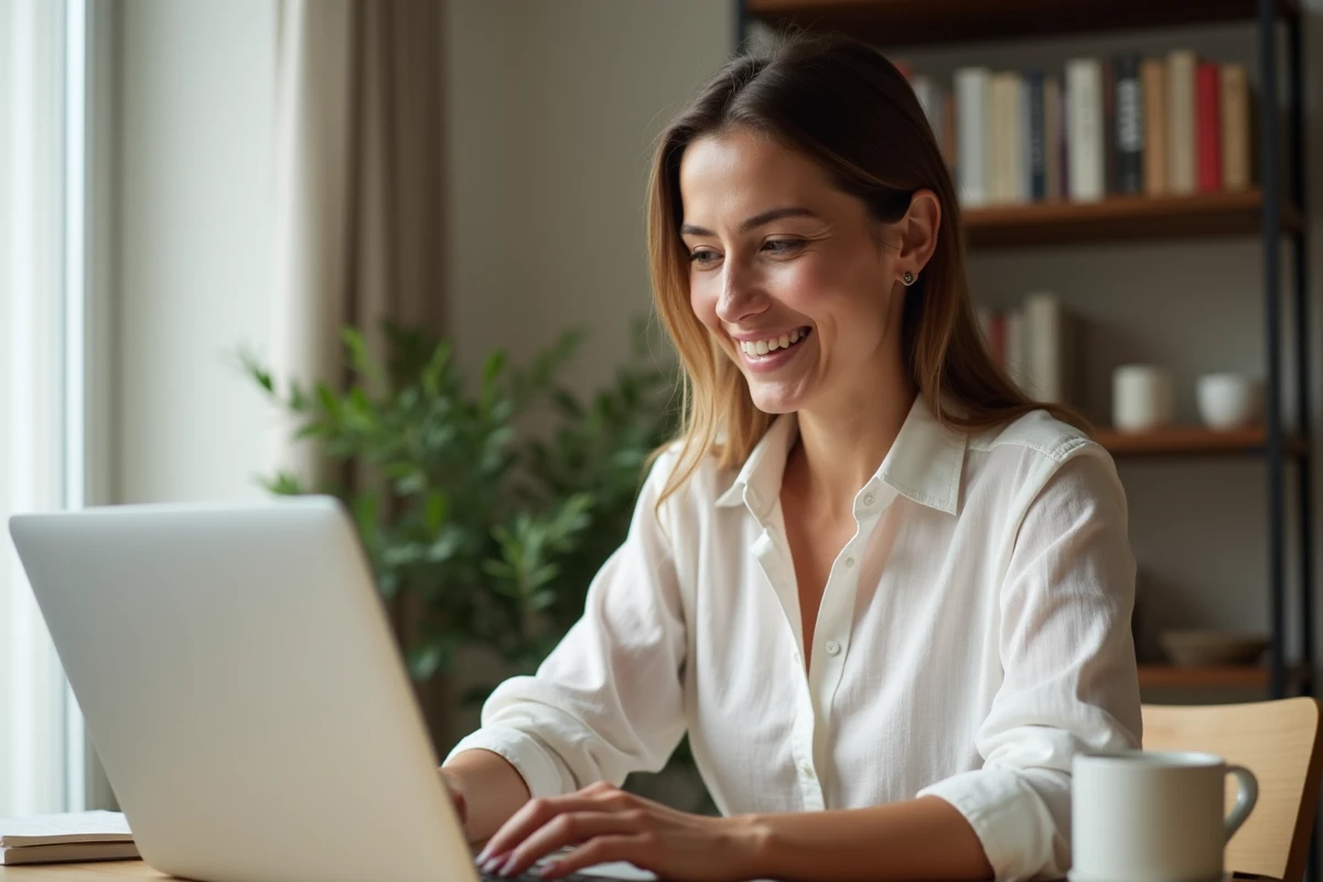 Femme réservant un séjour au Bois d'Ormes sur ordinateur portable depuis un bureau à domicile