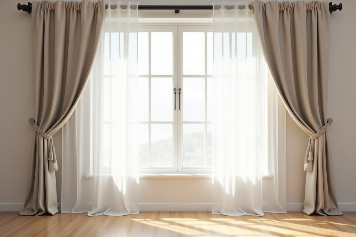 Rideaux mal ajustés laissant entrer la lumière dans un intérieur minimaliste