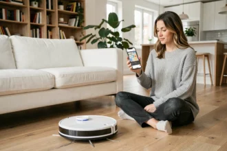 Femme contrôlant un robot aspirateur connecté depuis son smartphone dans un salon moderne et minimaliste