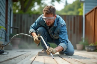Artisan effectuant un sablage sur une terrasse en bois avec équipement professionnel, poussière fine en suspension