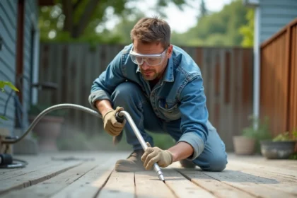 Artisan effectuant un sablage sur une terrasse en bois avec équipement professionnel, poussière fine en suspension