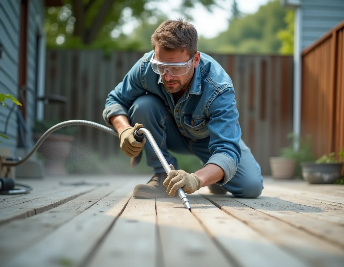 Artisan effectuant un sablage sur une terrasse en bois avec équipement professionnel, poussière fine en suspension